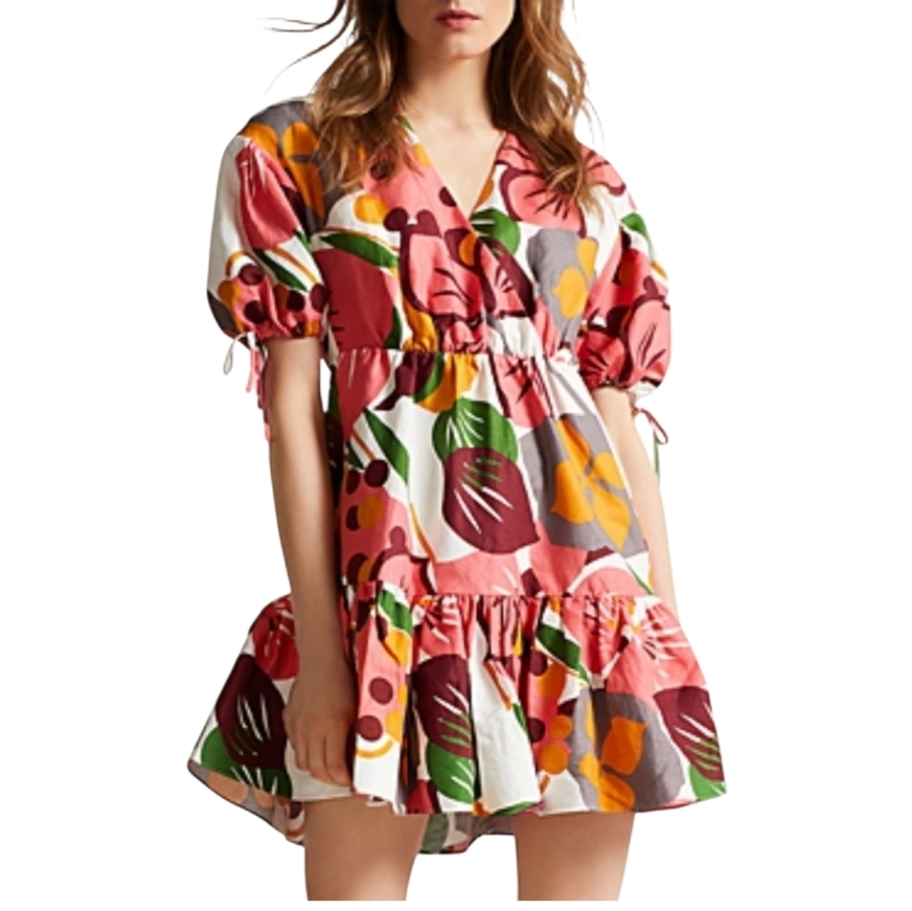 Ted Baker Rhitaa Linen Blend Exaggerated Sleeve Ruffle Dress Size US 4